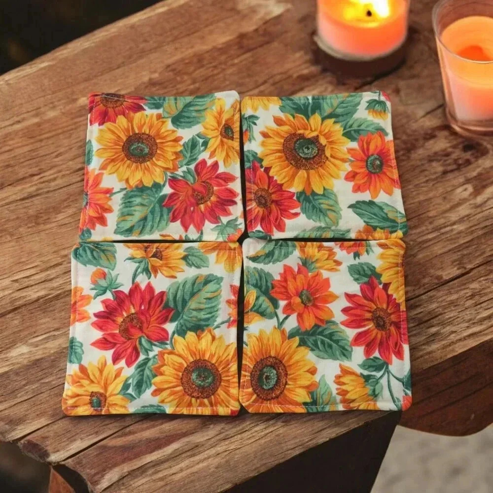 Fabric Coasters, Set Of 4, Reversible Sunflowers and Orange Gingham